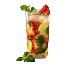 Wall Mural - A refreshing glass of lemonade adorned with strawberries mint leaves and ice placed delicately on a wooden table against a transparent background