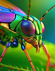 Wall Mural - grasshopper on a green background. A vivid, otherworldly anamorphic insect with a colorful exoskeleton featuring bright blues