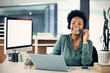 © peopleimages.com - Portrait, black woman and happy with technology at call center for customer or client support and service. Office, crm and laptop or mockup screen as consultant with smile for job and career growth