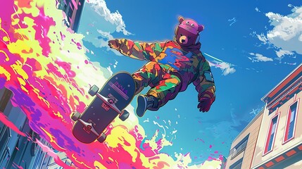 Wall Mural - anime screengrab, cell shaded, mecha bear rides a skateboard, explosion of vibrant colours