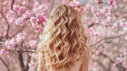 Wall Mural - Beautiful young woman with long curly blonde hair from behind holding blooming branch of sakura tree