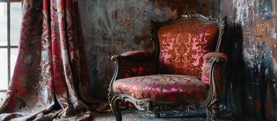 Poster - A magenta chair rests by a window in a woodfurnished room