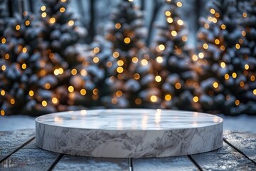 Wall Mural - marble empty stone podium. Blur background of trees