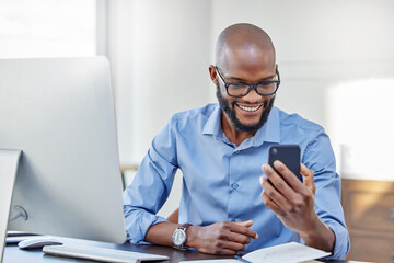 Poster - Black man, smartphone and happy in office with online research or news update for article and information as journalist. Male employee, desk and smile with internet networking or social media