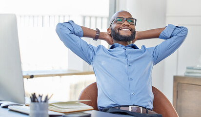 Poster - Black man, stretching and thinking with smile in office during break, resting or relaxing and notes on table. Business, career or professional consultant with new idea, thought or corporate strategy