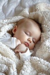 Wall Mural - A serene sleeping baby, face relaxed in peaceful slumber, a soft smile suggesting sweet dreams in a world of gentle calm.