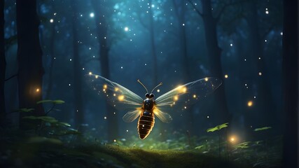 A surreal and abstract picture of a firefly soaring through a night woodland. Idea of a fairy tale.