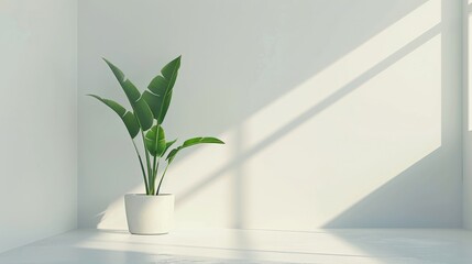 Wall Mural - A stark white room with a single, vibrant green plant in the corner, the simplicity of the scene emphasizing the beauty of solitary elements.