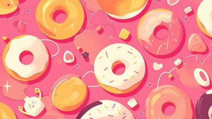 Wall Mural - Illustration of donuts in a fun cartoon flat style set against a vibrant pink background