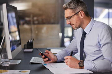 Leinwandbilder - Business, man and writing for office smartphone, manager and corporate company with computer. Workplace, browsing or search on social media or app for information with document, report and mature