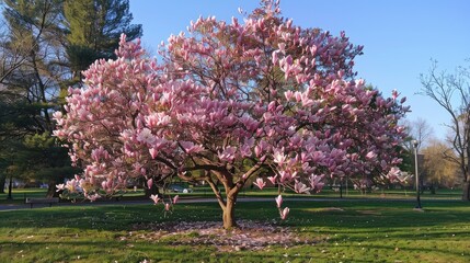 Sticker - Gorgeous magnolia tree in full bloom showcasing delicate pink flowers in the park under the open sky