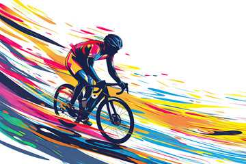 Poster of epic cyclist race in minimalist abstract multicolour illustration. vector art style.