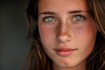 Wall Mural - A portrait of an American young woman with freckles, green eyes and long brown hair, looking at the camera