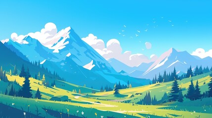Wall Mural - illustration of a stunning summer landscape featuring majestic mountains lush green hills rocky terr
