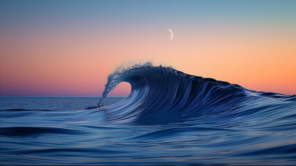 Wall Mural - World Ocean's Day with little single wave in the open ocean at sunset with crescent moon