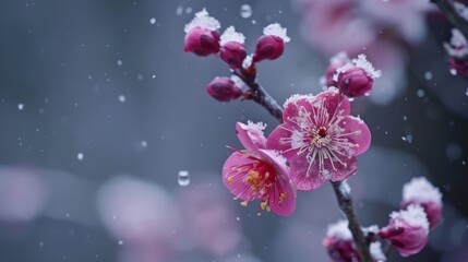 Wall Mural - Pink flower blooming in snowy landscape