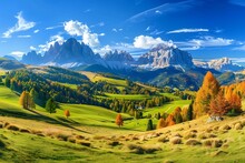  Beautiful Landscape Of Dolomites Mountains With Green Meadows And Forest In Italy