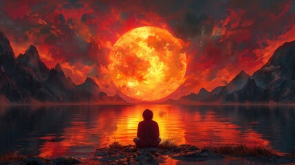 Wall Mural - A fiery sunset against a backdrop of majestic mountains showcasing the passionate and protective nature of the divine masculine as he watches over the earth and its creatures