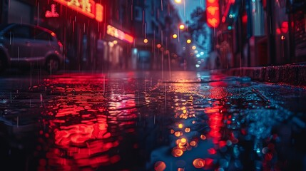 Wall Mural - a rainy night in a city with a car and street lights reflecting in the wet pavement