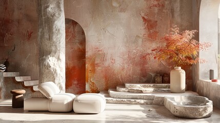 Wall Mural - a living room with a white couch and a vase with flowers