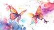 a group of butterflies flying through the air with watercolor paint on them