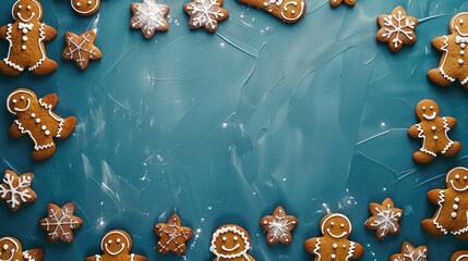 Sticker - Holiday themed border of gingerbread on a blue surface viewed from above