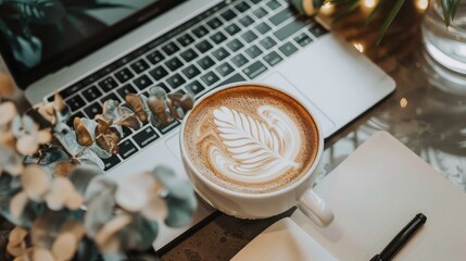 Poster - coffee enthusiast's workspace with a laptop, notebook, and a cup of coffee, inspiring productivity and creativity.