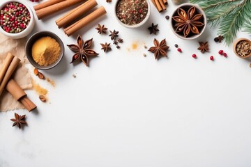 baking background with spices on white, copy space for text