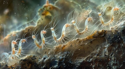 Wall Mural - A microscopic image of a group of nematodes crawling on the surface of a submerged rock their tiny hairlike projections visible as