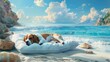 A beagle canine rests on an inflatable mattress at the seashore