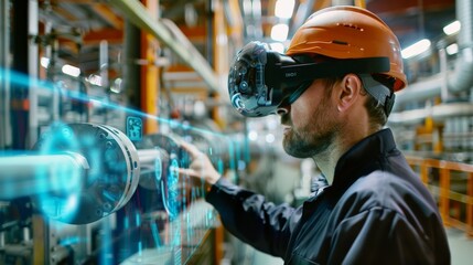 Canvas Print - A visionary engineer using virtual reality to simulate and optimize industrial processes, the digital overlay mingling with the physical environment