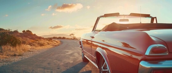 a red convertible is parked on a road with a beautiful sunset in the background. scene is relaxed an