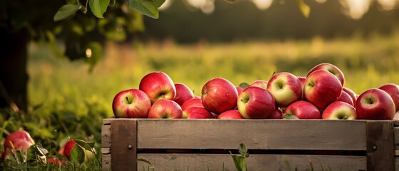 Wall Mural - Organic apples in a rustic wooden crate, farm in the background