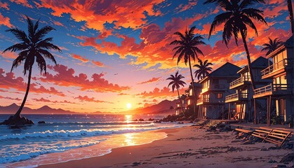 Wall Mural - beach resort at sunset art anime cartoon style background from Generative AI