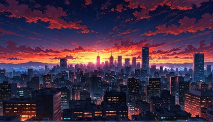 Wall Mural - city skyline at sunset art anime cartoon style background from Generative AI