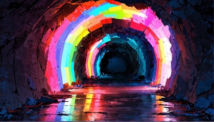 Wall Mural - colorful lighting cave tunnel art anime cartoon style background from Generative AI