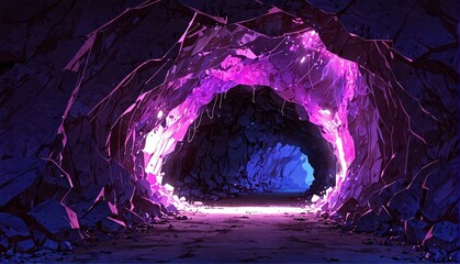 Wall Mural - purple lighting cave tunnel art anime cartoon style background from Generative AI