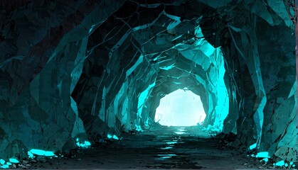 Wall Mural - teal lighting cave tunnel art anime cartoon style background from Generative AI