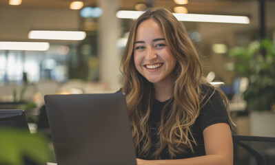 Wall Mural - Woman, portrait and office with smile, laptop and confidence for journalism goals. Creative writer, professional news editor and expert reporter for content creation, publishing and press startup