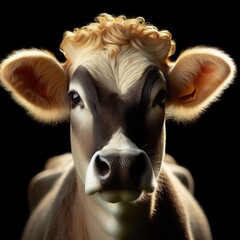 Wall Mural - A cow in front portrait, with the rim light. The background is black