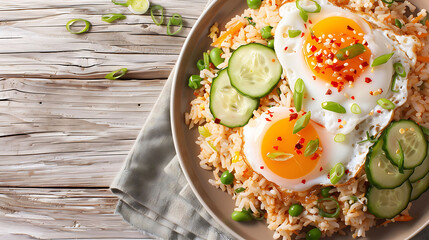 Wall Mural - a bowl of rice topped with sliced cucumbers and an egg, served on a wooden table