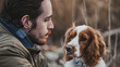 a man sittning in meeting thinking about his welsh springer spaniel dog