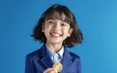 Wall Mural - Smiling brightly, a Japanese girl dressed in business attire holds a gold coin in her hand, showcasing her success against a blue background.