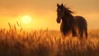 A majestic horse standing tall in the golden sunset, its mane flowing gracefully as it stands on an open field of wheat