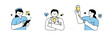 Doctors and nurses are filling out documents, holding IVs, and posing confidently. outline simple vector illustration.