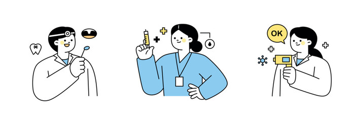 Poster - Dentist, nurse with syringe and doctor with thermometer. outline simple vector illustration.