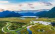 Aerial View of Canadian Mountain Landscape, Lake and Swamp. Nature Background.