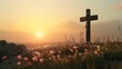 A cross with Jesus on it stands in the foreground, against the background of dawn and flowers growing around it