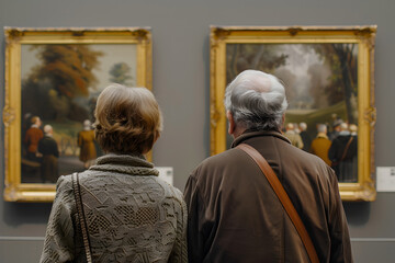 two elderly people, a man and a woman, stand with their backs to us, close-up in the museum, looking at paintings, 