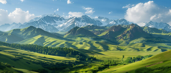 Wall Mural - green land of mountains with blue sky in background